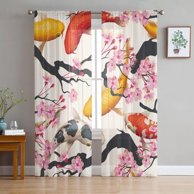 Japanse Stijl Karpers Kersenhout Doorzichtige Gordijnen voor Woonkamer Decoratie Raambekleding Keuken Tule Voile Gordijnen W135 x H115cm x1 white