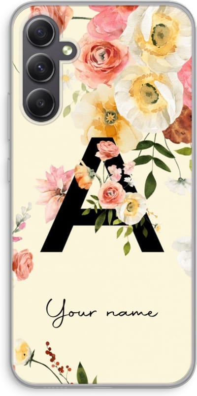 Gepersonaliseerd - Case Company® - Hoesje geschikt voor Samsung Galaxy A34 hoesje - Flirty Flowers Monogram - Soft Cover Telefoonhoesje - Bescherming aan alle Kanten en Schermrand