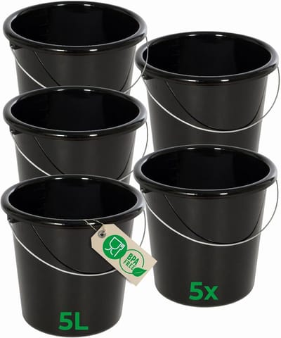 Novaliv 5 stuks emmer 5L zwart met maatverdeling - schoonmaak emmer 5 liter? 22,5 cm Praktische alleskunner met schaalverdeling voor huishouden & tuin ideaal als huishoudemmer, wateremmer, dweilemmer, emmer
