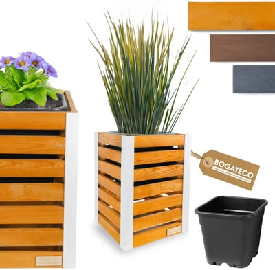 BOGATECO Houten Bloembak | Plantenbak | Bloempot 59 x 36 x 36 cm | Kruidenpot voor Thuis Tuin Balkon Terras | Pot met Kunststof Inzetstuk | Geïmpregneerd | Lichtbruin