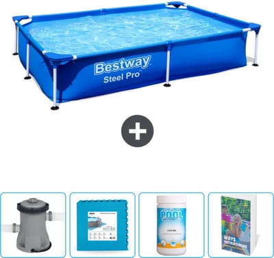 Bestway Rechthoekig Steel Pro Zwembad - 221 x 150 x 43 cm - Blauw - Inclusief Pomp - Vloertegels - Chloor - Zwembadgids