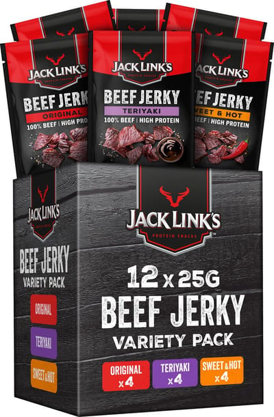 Jack Links Beef Jerky Mix Box - 100% premium Beef - Hoog in Eiwitten - Rundvlees Snack - voor Tussendoor, Onderweg of in de Sportschool - 12 x 25g