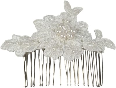 Haarkam met witte kralen en parels - metalen haarkam