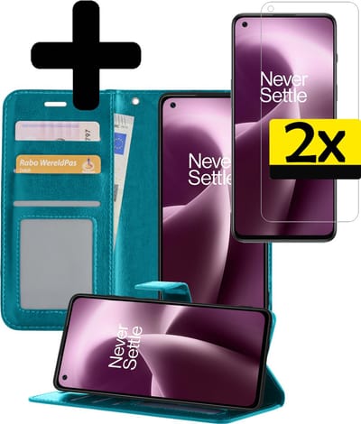 Hoesje - Met 2x Screenprotector - Geschikt voor OnePlus Nord 2T - Luxe Pasjeshouder - Bookcase Portemonee - Flip Case - Kunstleer Book Case - Flipcase Hoes - Book Cover - Walletcase - Portemonneehoes - Telefoonhoesjes - Turquoise