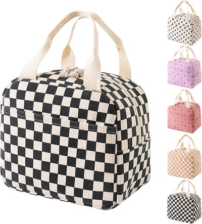 VHV - Lunchtas - Lunchtas dames - Geïsoleerde lunchtas - Geïsoleerde lunchbox voor dames - Corduroy geïsoleerde lunchtas - Voor school - Kantoor - Picknick - Zwart-wit ruitpatroon