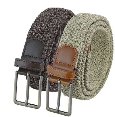 Landley Voordeelset Gemêleerde Elastische Riemen Bruin & Beige – Luxe Gevlochten Stretch Riemen - Dames & Heren - Duopack - Lengte totaal 100 cm / Riemmaat 85