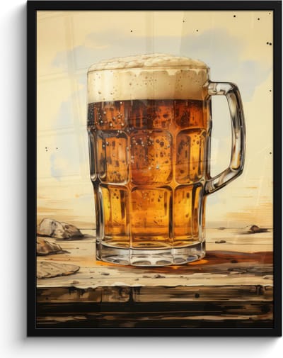Poster in lijst - Fotolijst 60x80 cm - Posters - Vintage - Bier - Pul - Hout - Tafel - Drinken - Posterlijst zwart - Decoratie - Wanddecoratie woonkamer - Muurdecoratie slaapkamer