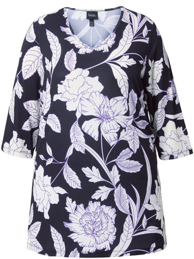Ulla Popken - Dames - Longshirt bloemen A-lijn V-hals 3/4-mouwen - Zwart - Maat 42+
