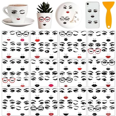 Dailygoods- Gezichtstransferstickers 12 Vellen - Lippen/Mond/Ogen/Wenkbrauwen/Neus - Raamdecoratie - Meubelstickers - 14 x 14 cm - Doe-het-zelf Knutselbenodigdheden - Decoratiestickers