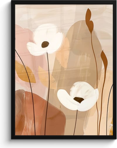 Poster in lijst - Fotolijst 60x80 cm - Posters - Bloemen - Abstract - Beige - Line art - Posterlijst zwart - Decoratie - Wanddecoratie woonkamer - Muurdecoratie slaapkamer