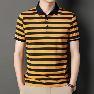 T-shirt Heren Zomer Korte mouw Losse Revers Top Kleding voor Jonge en Middelbare mannen Halve mouw Trendy Gestreept POLO Shirt XXXXL orange