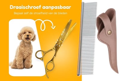 Professor Q – Professionele Effileerschaar – Uitdunschaar Kapper Rechtshandig – Goud met Luxe Lederen Etui – 16,5 cm – Brons + Anti-Klit Kam – Pijnloos & Huisdiervriendelijk
