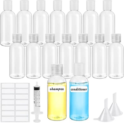 Famanu – Reisflessen voor toiletartikelen 50 ml reiscontainers met labels trechter voor toiletartikelen Hervulbare Reisflessen Set navulbare lege cosmetische flessen voor shampoo