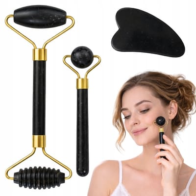 Jade Roller Set Zwart 3-in-1 – Face Roller, Gua Sha & Gezichtsmassage Tool – Luxe Huidverzorging – Anti-Puffiness & Glow – Beauty Massage Set