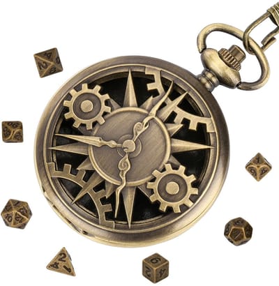 Allecto - DND Dobbelsteen Set - Steampunk Design - Bronzen Pocket Watch Case - Mini Formaat - Perfect voor Rollenspellen - Geschikt voor Spellen -