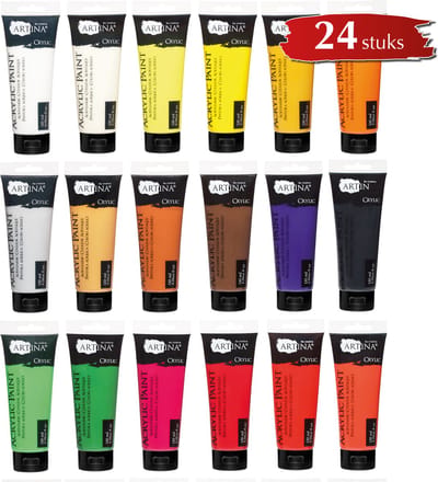 Artina Crylic Acrylverf Set 24x Hoogwaardig Acrylverf Tubes 120ml Acrylverfset - Plakkaatverf Schilderset