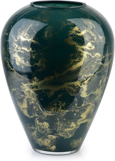 Terroso® - Handgemaakte Glazen Vaas - Bloemenvaas - Groen met Goud - Marmer Look - Interieur Woondecoratie - 27 cm Hoog