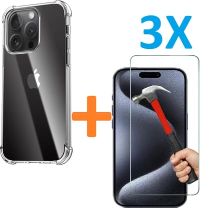 Shock-proof silicone hoesje met 3 Pack Tempered glas Screen Protector - transparant - Geschikt voor: iPhone 15 Pro