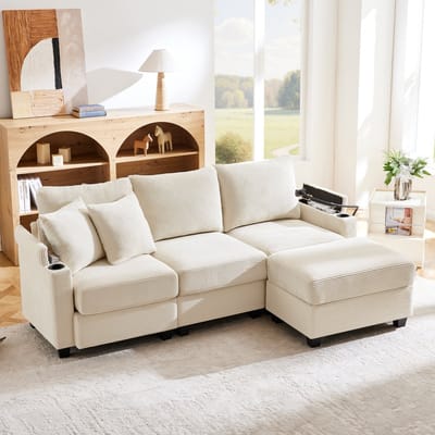L-vormige Hoekbank, 3-zits Converteerbare Bank met Voetenbank, Bekerhouder, USB-oplader, Armleuningbak en 2 Kussens, Geschikt voor Woonkamer/Kantoor/Appartement, Beige
