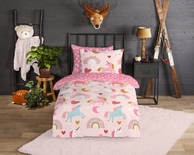 Good Morning dekbedovertrek eenhoorn en regenboog - 1 persoons 140x200/220 cm - Roze - 100% Katoen flanel