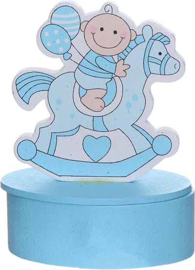 12 blauwe gevulde doosjes baby op hobbelpaard met vruchtenhartjes uitdeelbedankje voor geboorte of babyshower