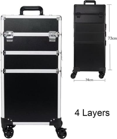 4 in 1 Beautykoffer / Trolley Zwart Kleur van Aluminium - van binnen Bekleed met een hoge kwaliteit zwart fluweel - 8 wielen - vierdelig - Kapper - Tattoo - Nagel - Visagie - Make-up - Cosmetica - Schmink - 4 Lagen