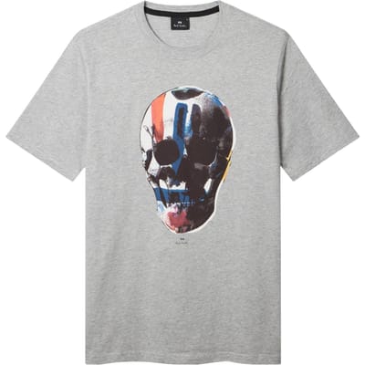 Paul Smith Mens Reg Fit Ss T Shirt Skull Red Blue Grey Melange Maat: S | T-shirts met Print Outlet | Heren | Grijs