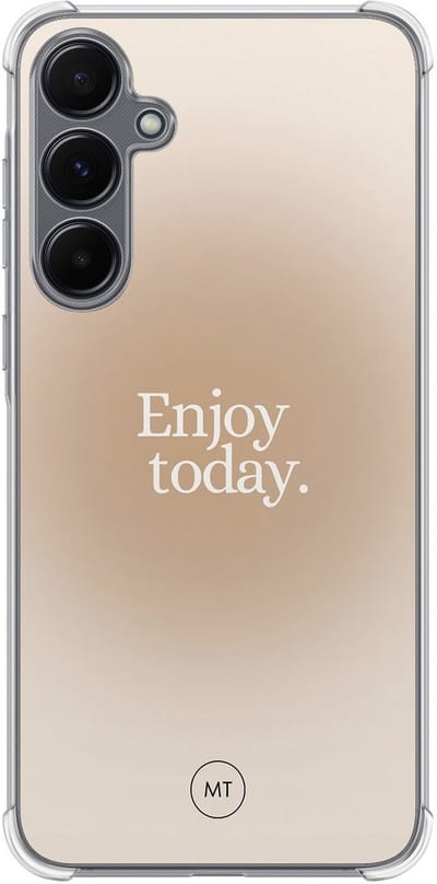 Hoesje (shockproof) geschikt voor Samsung Galaxy A15 - Palmbomen print - Extra sterke case - TPU/polycarbonaat - Tekst - Beige, Transparant