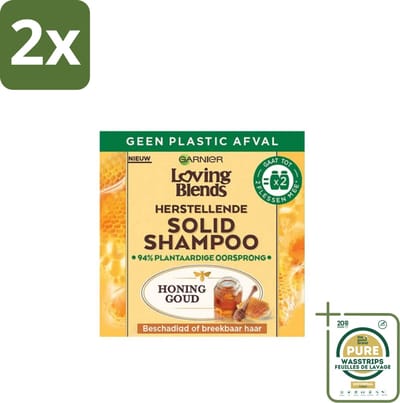 Garnier - Loving Blends - Solid Shampoo - Honing Goud - Beschadigd of Breekbaar Haar - 1 Fles Shampoo - Voordeelverpakking - 2 stuks - Biologische shampoo - Duurzame shampoo