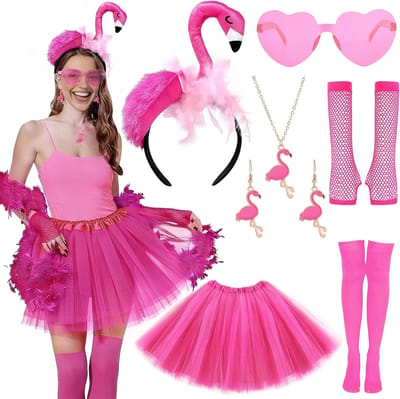 Flamingo kostuum voor vrouwen met haarband, tule rok, zonnebril en accessoires voor carnaval, zomerfeest en themafeesten