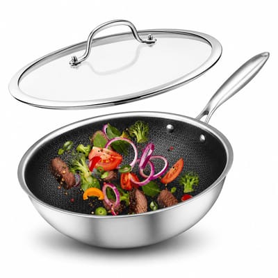 Swiss Haus® ZGW28 Wokpan Inductie met Deksel - Ø 28 cm / 4.0 Liter - PFAS Vrij - Wok Pan Voor Alle Warmtebronnen - Honingraat Antiaanbak - Krasbestendig - Oven & Vaatwasbestendig - RVS