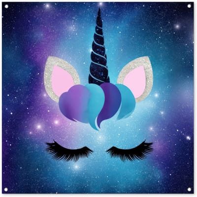 Tuinposter 100x100 cm - Tuindecoratie Eenhoorn - Sterren - Magisch - Blauw - Poster voor in de tuin - Buiten decoratie - Schutting tuinschilderij - Tuindoek muurdecoratie - Wanddecoratie balkondoek