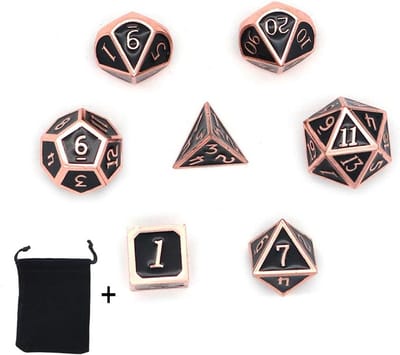 7-delige metalen polyedrale dobbelstenen set inclusief zwarte opbergtas, geschikt voor Dungeons and Dragons en andere rollenspellen.