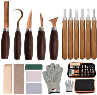 18-delige houtsnijmessenset - Beitelgereedschapset - Perfect voor beginners, houtsnijders en houtbewerkers - Met massief houten handvat - Draagbare opbergtas - Met slijpgereedschap - Roségoud, natuurlijke houtkleur