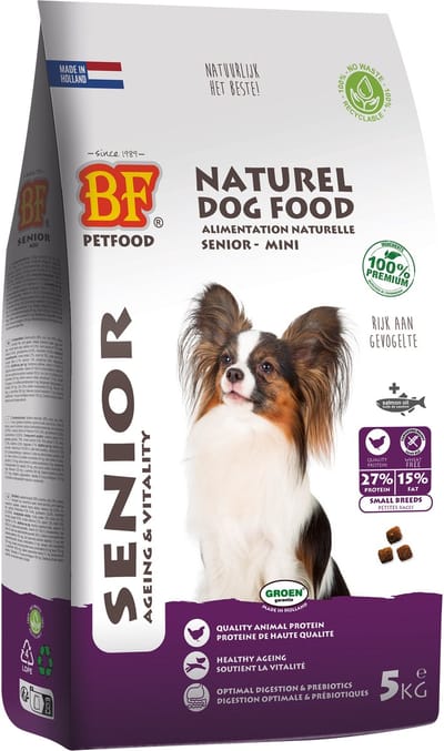 Hondenvoer BF Petfood - Senior Kleine Rassen - Tarwevrij, 5kg, Met Zalmolie en Glucosamine