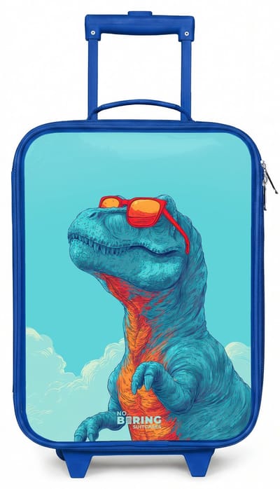 NoBoringSuitcases.com® - Kinderkoffer blauw - Kindertrolley jongen - Dino met zonnebril - Koffer kind lichtgewicht - Reiskoffer trolley voor kinderen - Koffertje met lichtgevende wieltjes - Rolkoffer