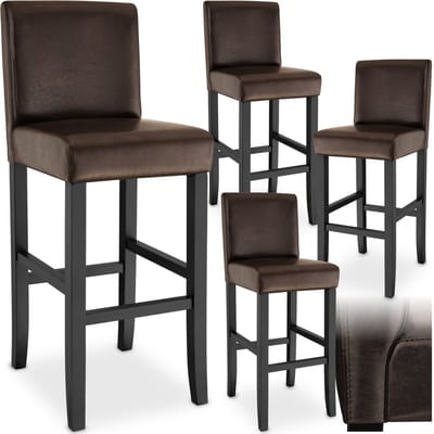 tectake® Set van 4 Barkrukken met Rugleuning - Gestoffeerde Barkruk - Zithoogte 76 cm - Stoelpoten van Massief Hout - Barstoel met Voetsteun - Kruk met Kunstleren Bekleding - Ergonomische Vorm - Barstoelen voor Keuken & Bar - Eetkamerstoelen - Bruin