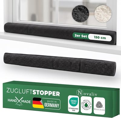 Tochtstrip voor ramen, 150 cm, antraciet, scheerwol  houdt tocht en kou tegen, dempt geluid/stof/licht, antislip, geen boren nodig; voor vensterbanken/kozijnen, dicht kieren af, binnen, set van 2