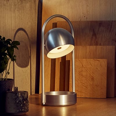 FRANDSEN LED tafellamp op accu Ball Portable, geborsteld aluminium