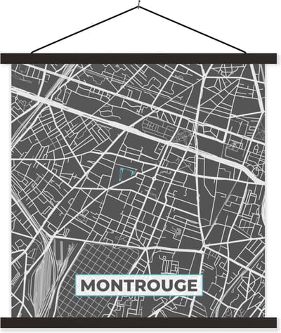 Posterhanger incl. Poster 60x60 cm - Schoolplaat - Montrouge - Frankrijk - Plattegrond - Stadskaart - Kaart - Textielposter - Zwarte latten - Stadskaart