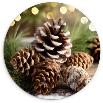 WallCircle® Wandcirkel 120x120 cm - Muurcirkel Dennenappels - Kerstsfeer - Bruin - Groen - Muurdecoratie woonkamer - Wanddecoratie slaapkamer - Kamer decoratie accessoires - Ronde schilderijen XXL