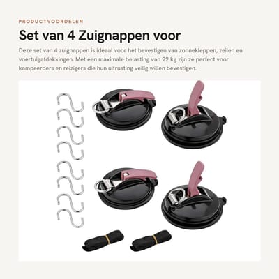 Dailygoods- Zuignappen Set van 4 - Max. 22 kg - Voor Zonneklep/Zonnezeil - D-ring/S-haak - Eenvoudige Installatie - Geschikt voor Kampeerders - Zuignapset