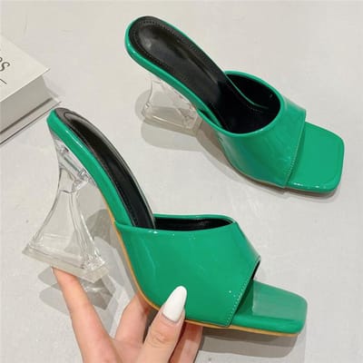 Mode Luxe Dames 10cm Hoge Hak Slippers Zijde Groen Perzik Transparant Heldere Hakken Slides Mules Dame Elegante Feest Schoenen 39 black