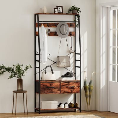 MODFU Kapstok met schoenenbank – 80x30x180 cm – Industrieel design van hout en metaal – 10 afneembare haken – All-in-1 opbergmeubel voor hal, slaapkamer & bijkeuken – Bruin/zwart