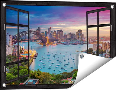 Gards Tuinposter Doorkijk Sydney Harbour Bridge in de Avond - 60x40 cm - Tuindoek - Tuindecoratie - Wanddecoratie buiten - Tuinschilderij