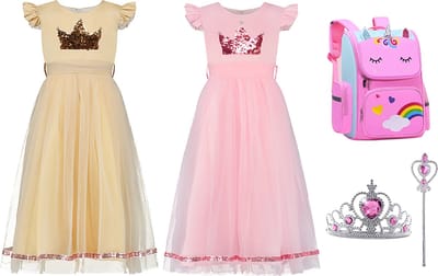 Prinsessenjurk meisje - Schooltas Meisje - Eenhoorn Rugzak - Unicorn Rugtas - Verkleedkleding - Roze Jurk - maat 116/122(120) - Kroon - Toverstaf - Feestjurk - Communiejurk