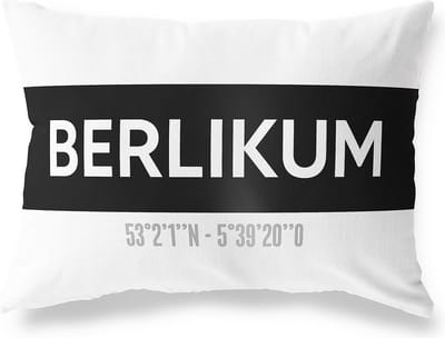 Tuinkussen BERLIKUM - FRIESLAND met coördinaten - Buitenkussen - Bootkussen - Weerbestendig - Jouw Plaats - Studio216 - Modern - Zwart-Wit - 50x30cm
