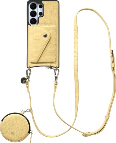 AVY Leren Hoesje geschikt voor Samsung Galaxy S26 Ultra | Met Koord, Wallet en Pouch | Compatibel met MagSafe | Leather Case met 130CM Koord | Long Leather | Croco Geel