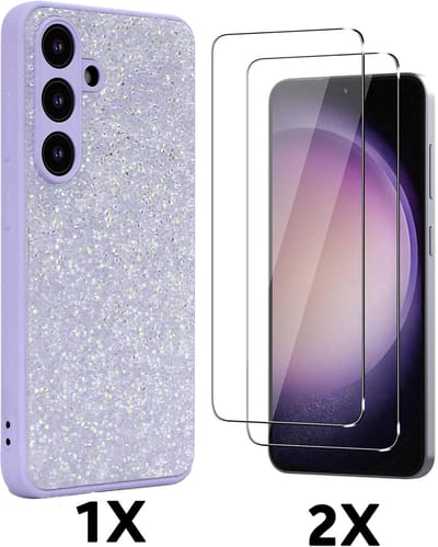 Hoesje en Glas Geschikt voor Samsung Galaxy S25 FE - Paars - Casemania Diamant Glitter Back Cover met 2x Tempered Glazen Screenprotector