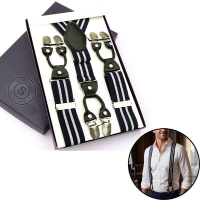 Sorprese - Luxe Chique Bretels - Navy Stripe - Zwart Leer - 6 Stevige Clips - Bretels Heren Volwassenen - Inclusief Cadeaudoos